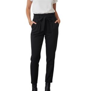 RD Style Crepe Tie Front High Waist Pants Black Tapered Pockets Paper Bag M